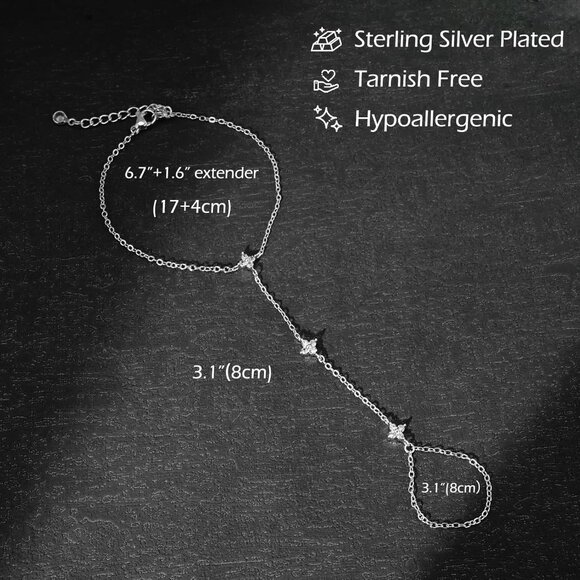 Sterling Silver SL-round Clover Link Chain Ring Bracelet Hand Chain for Women - Picture 5 of 7